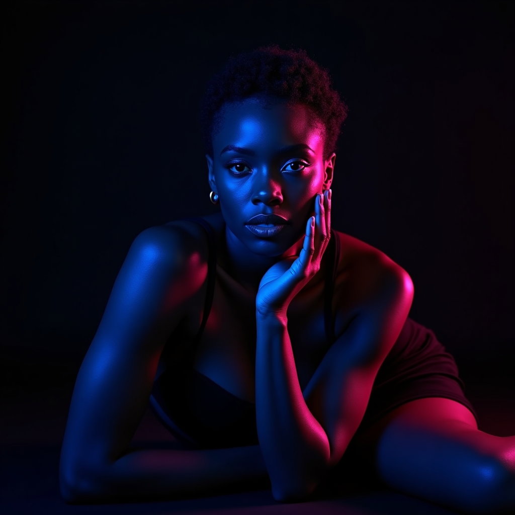 AI-generated photo: Photorealistic studio portrait. The subject is reclining on a low, unseen surface in a mostly dark s...