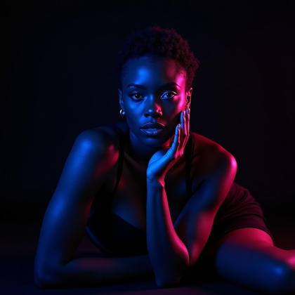 AI-generated photo: Photorealistic studio portrait. The subject is reclining on a low, unseen surface in a mostly dark s...