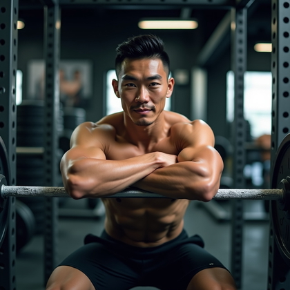 AI-generated photo: Photorealistic fitness photography — three-quarter crop in a squat rack, forearms resting across a c...