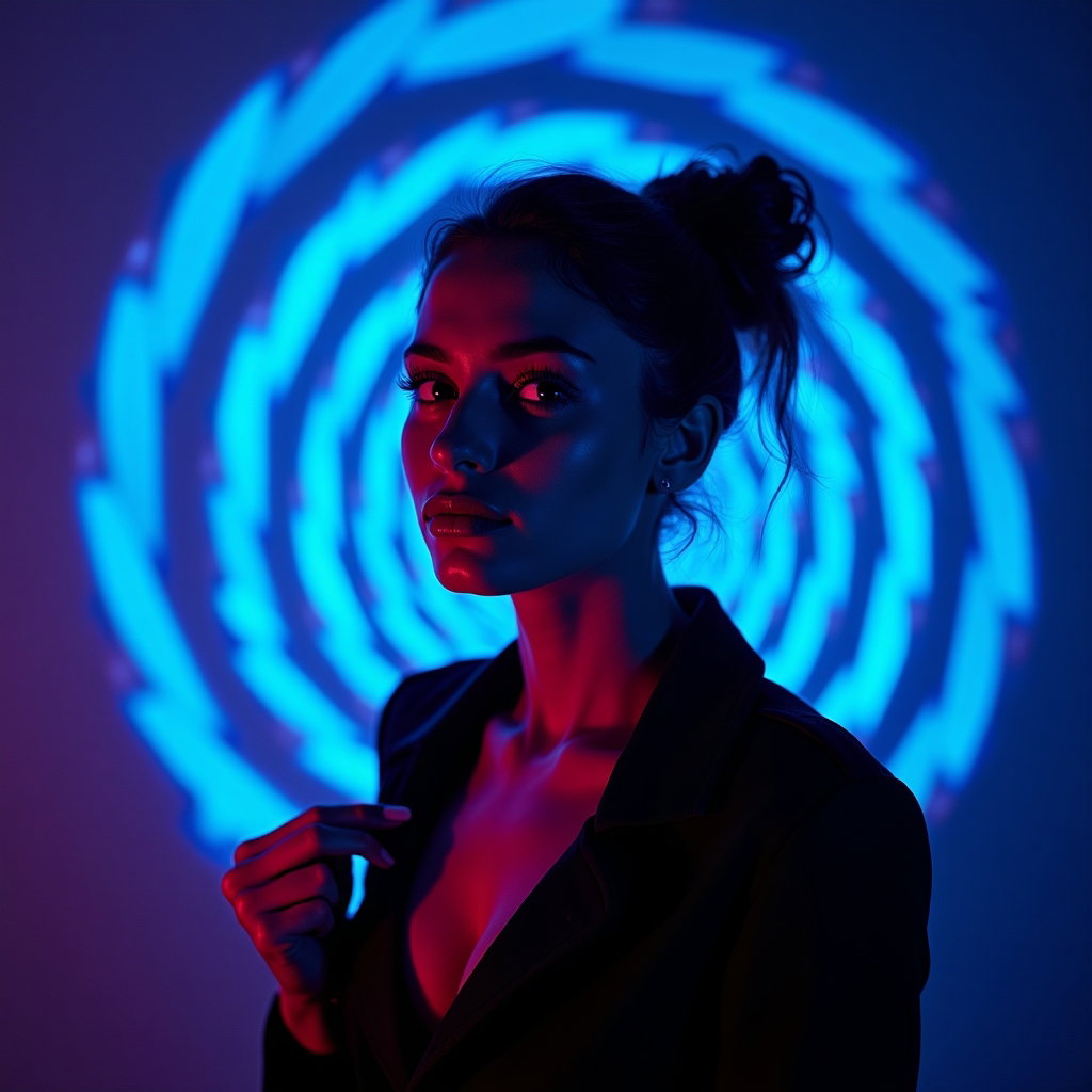 AI-generated photo: Photorealistic neon editorial portrait photo on a midnight-navy cyc with a spiral-vortex gobo split-...