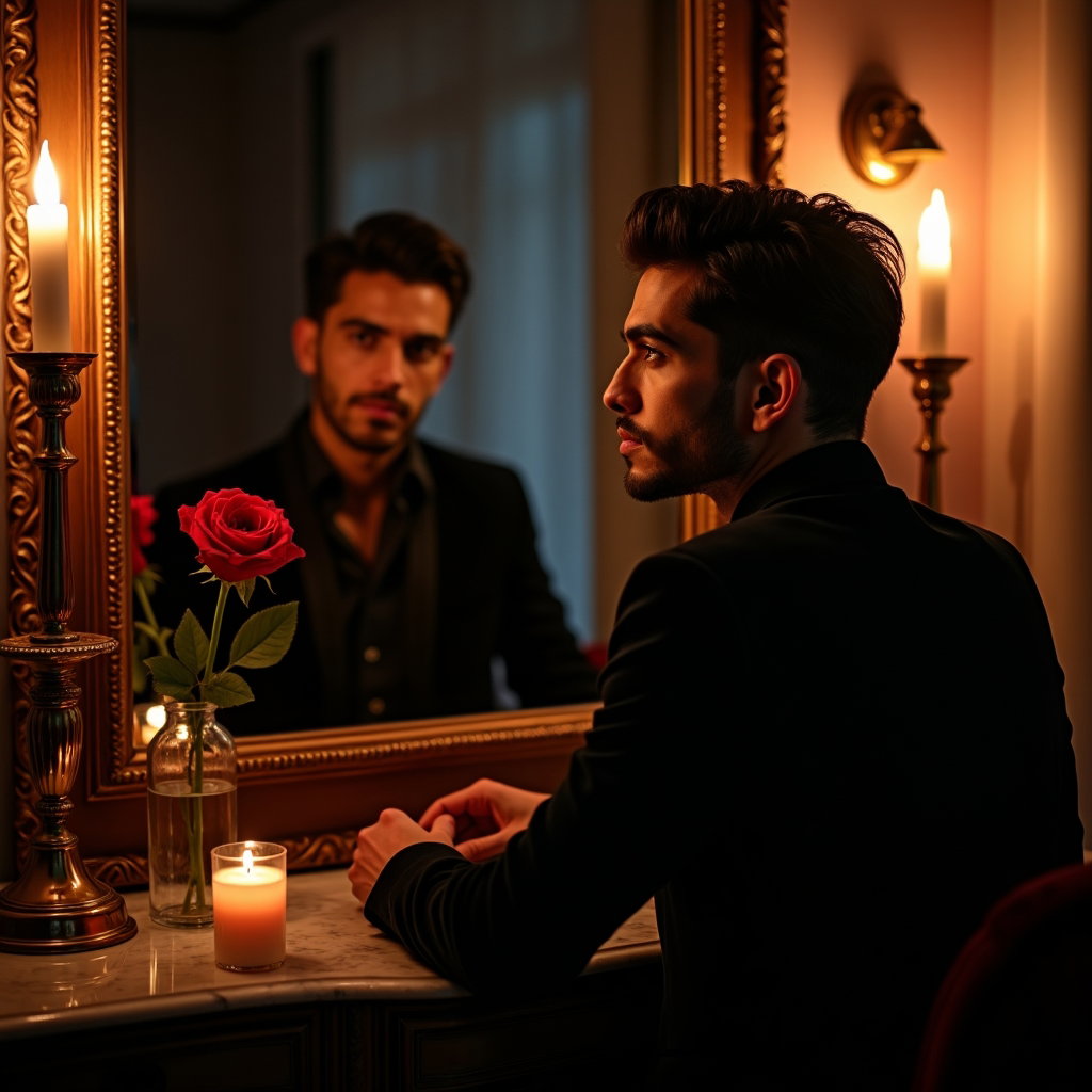 Mirror Vanity Glance Portrait example: Dating profile photo. Editorial hero image with the subject centered between two antique mirrors at a dramatic vanity, f