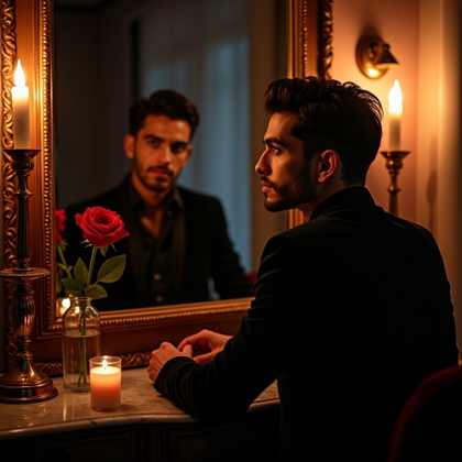 Mirror Vanity Glance Portrait example: Dating profile photo. Editorial hero image with the subject centered between two antique mirrors at a dramatic vanity, f