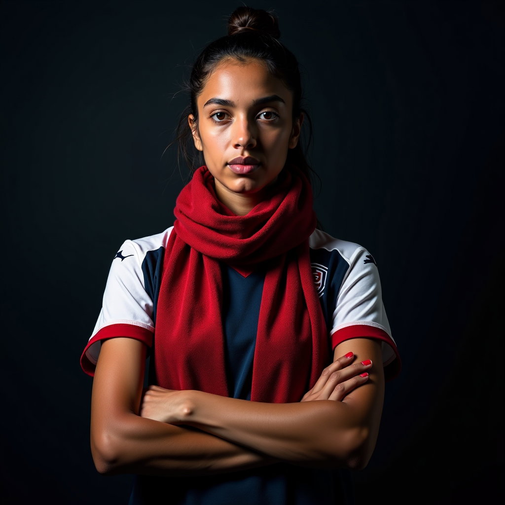 Simple Jersey-and-Scarf World Cup Fan Portraits example: Photorealistic sports fan portrait photography. Editorial hero image of a fan standing centered against a dramatic dark