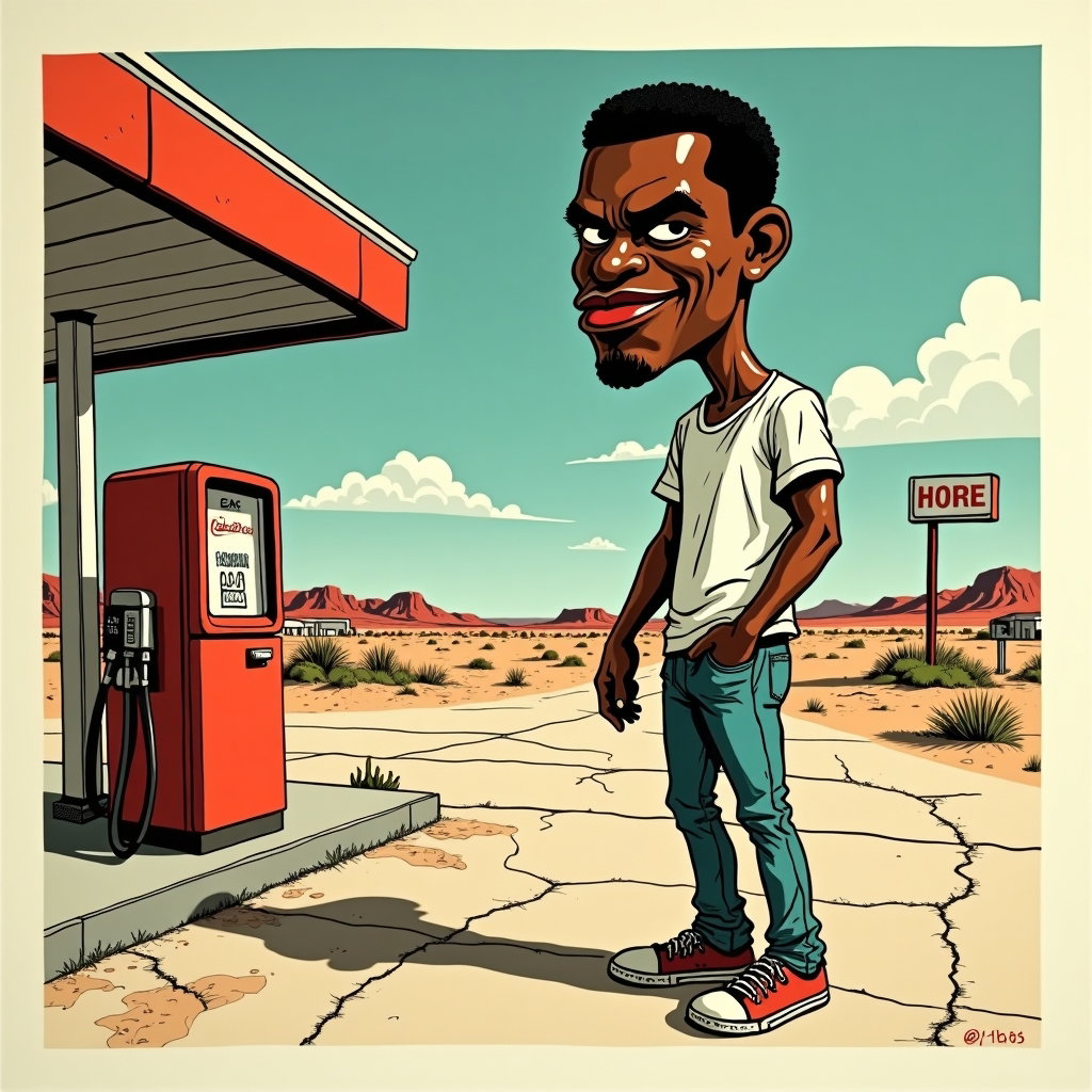 AI-generated photo: Linocut caricature print — sun-baked desert gas station forecourt with a vintage soda cooler, cracke...
