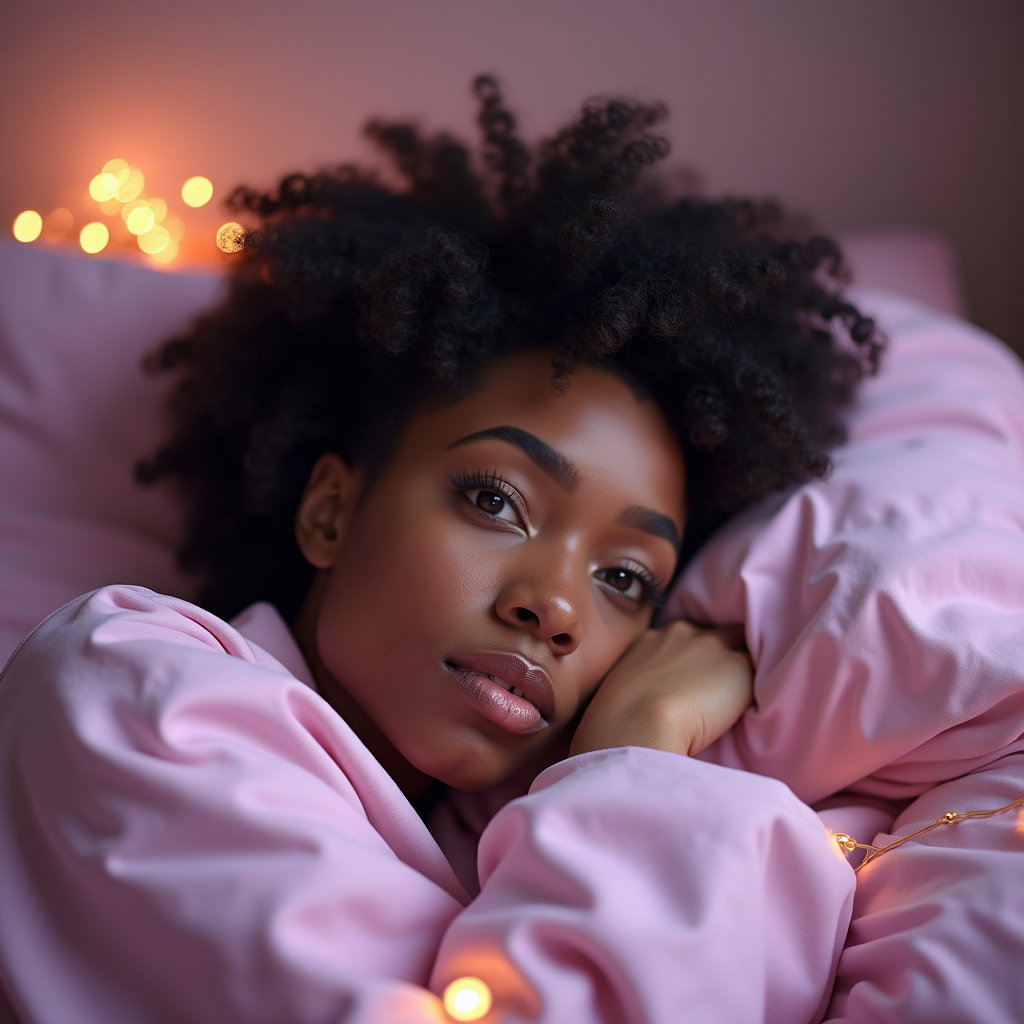 Dreamy Bedroom Pop Album Cover Photos example: Photorealistic bedroom pop album cover photo. Close-up portrait framed in a square crop, the subject lying on rumpled pa