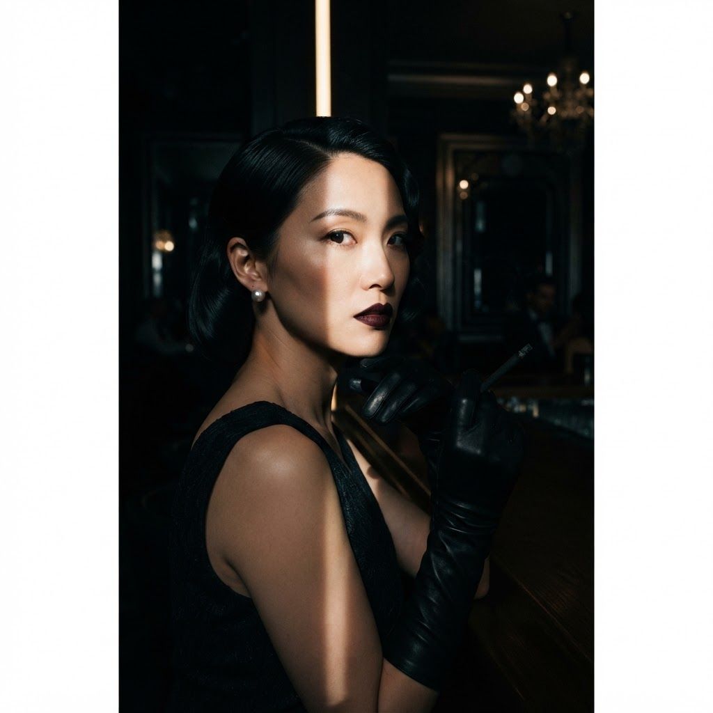 Femme Fatale Gaze: Cinematic neo-noir three-quarter portrait of one subject turned slightly away but looking directly at the viewer, wearing dark lipstick,…