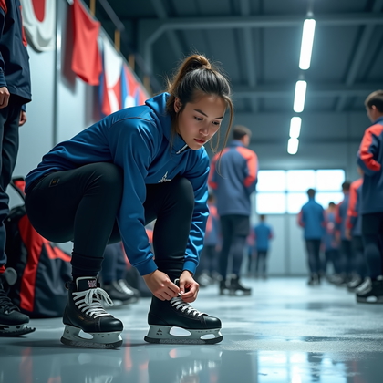 AI-generated photo: Photorealistic sports photography. Inside a prep area near the rink, an athlete leans forward tying ...