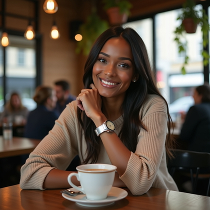 Photorealistic café lifestyle portrait photo at a window table, subject in a minimalist knit top with a sleek watch, forearms resting lightly beside a ceramic mug, head turned toward the camera with a relaxed half-smile. Soft overcast daylight pours through the glass, creating clean catchlights and gentle shadow gradients on the face while the background glows with warm wood, hanging plants, and tastefully blurred patrons. Compose off-center using the rule of thirds with a diagonal line from tabletop to gaze, evoking intimacy and approachability.