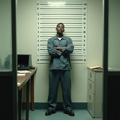 AI-generated photo: Photorealistic prison photography, three-quarter body shot in an administrative processing area near...