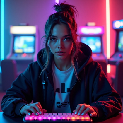 AI-generated photo: Photorealistic fashion-forward gamer portrait, half-body shot in a moody esports lounge with glowing...