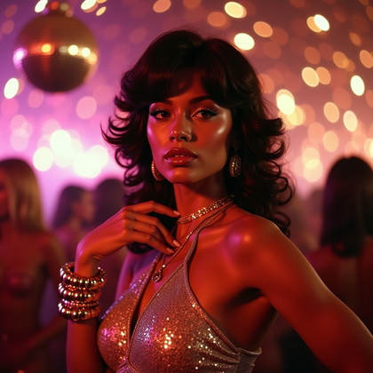 AI-generated photo: Photorealistic nightlife portrait of a 1970s disco diva under a mirror ball, framed waist-up with di...