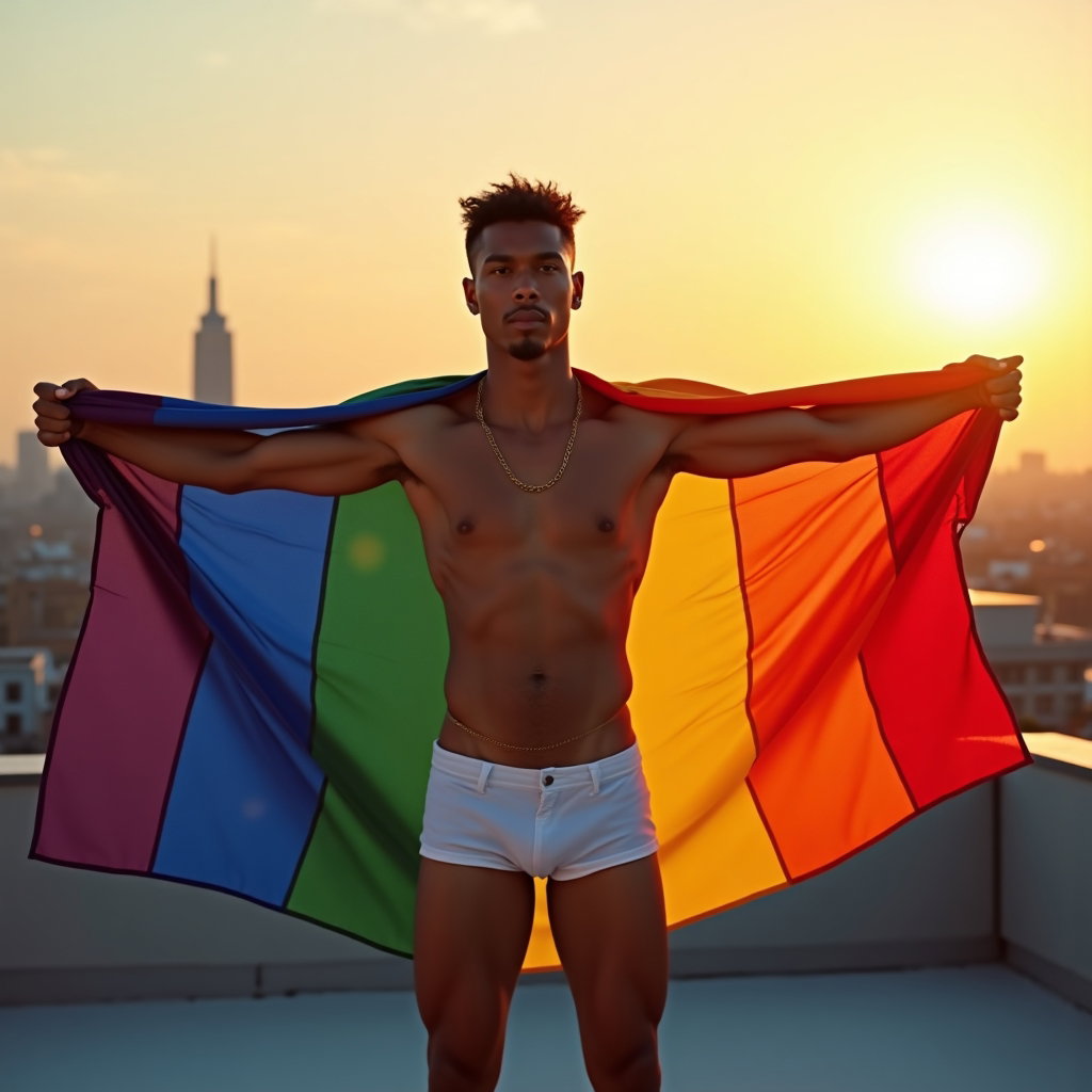 Rainbow Flag Cape Hero Portraits example: Photorealistic portrait photography. Editorial hero portrait with the subject standing tall on a rooftop at golden hour,