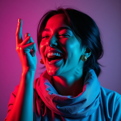 AI-generated photo: Photorealistic studio portrait photograph of a person captured mid-laugh as they snap their fingers ...