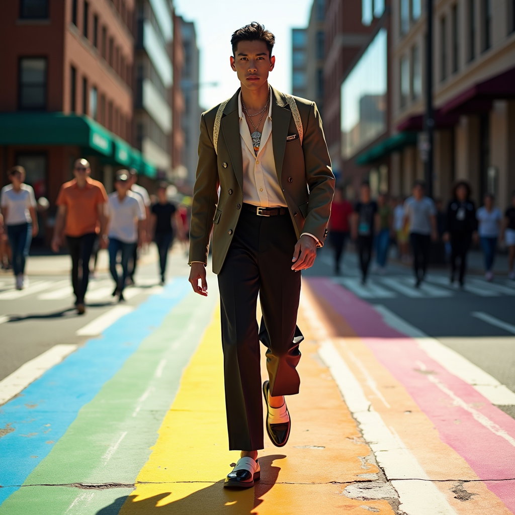 Bold Pride Fashion Editorial Portraits example: Photorealistic fashion editorial portrait. Full-body street-style image on a rainbow-painted crosswalk, face clearly vis
