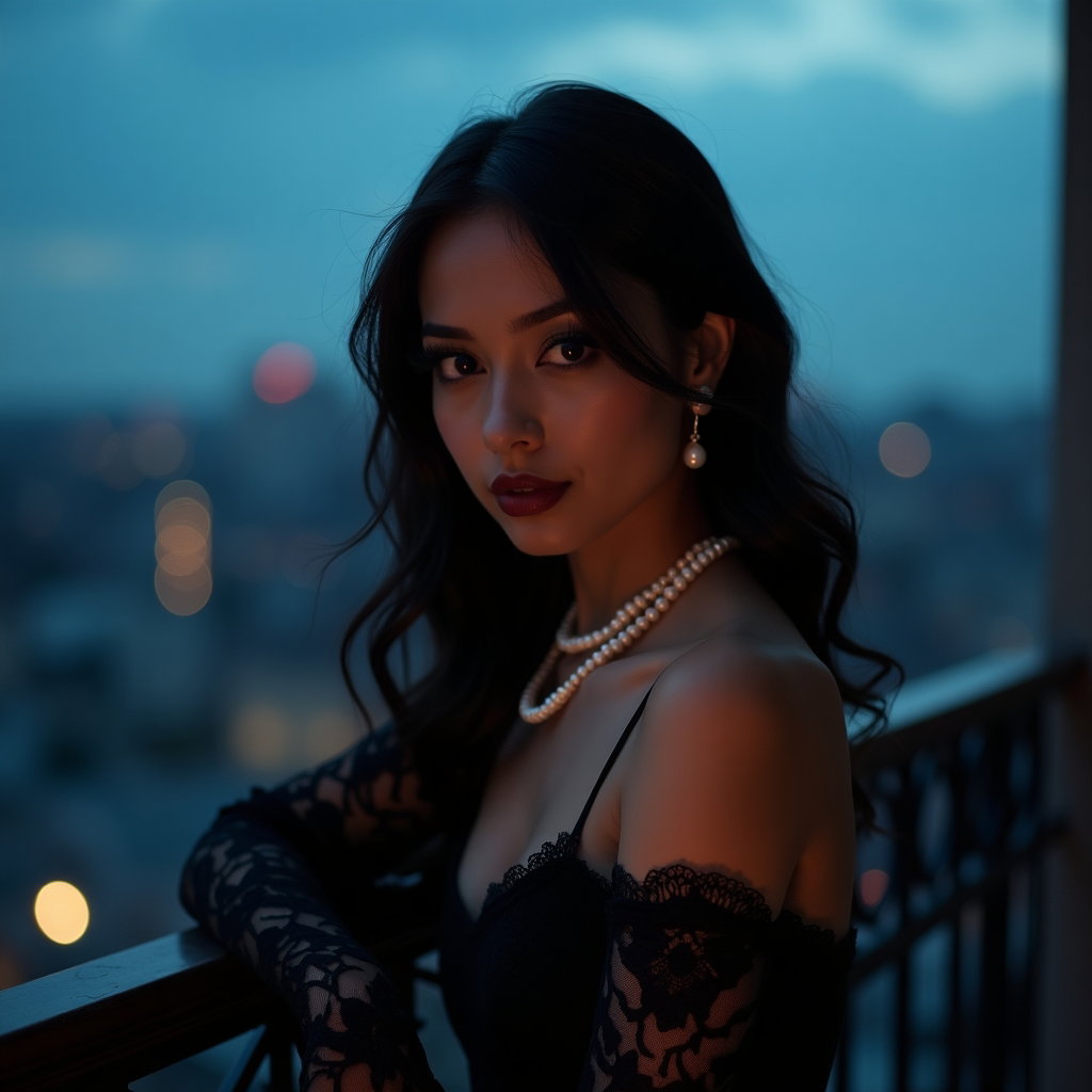 Black Lace Beauty Portrait with Pearl Details example: Dating profile photo. Editorial hero image at a gothic-inspired balcony at twilight, with the subject leaning elegantly
