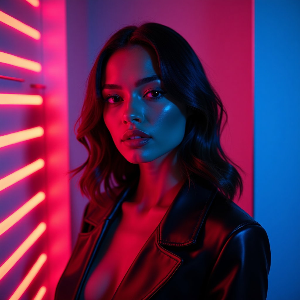 AI-generated photo: Photorealistic neon editorial portrait photo in a deep-charcoal studio with a magenta-gelled venetia...