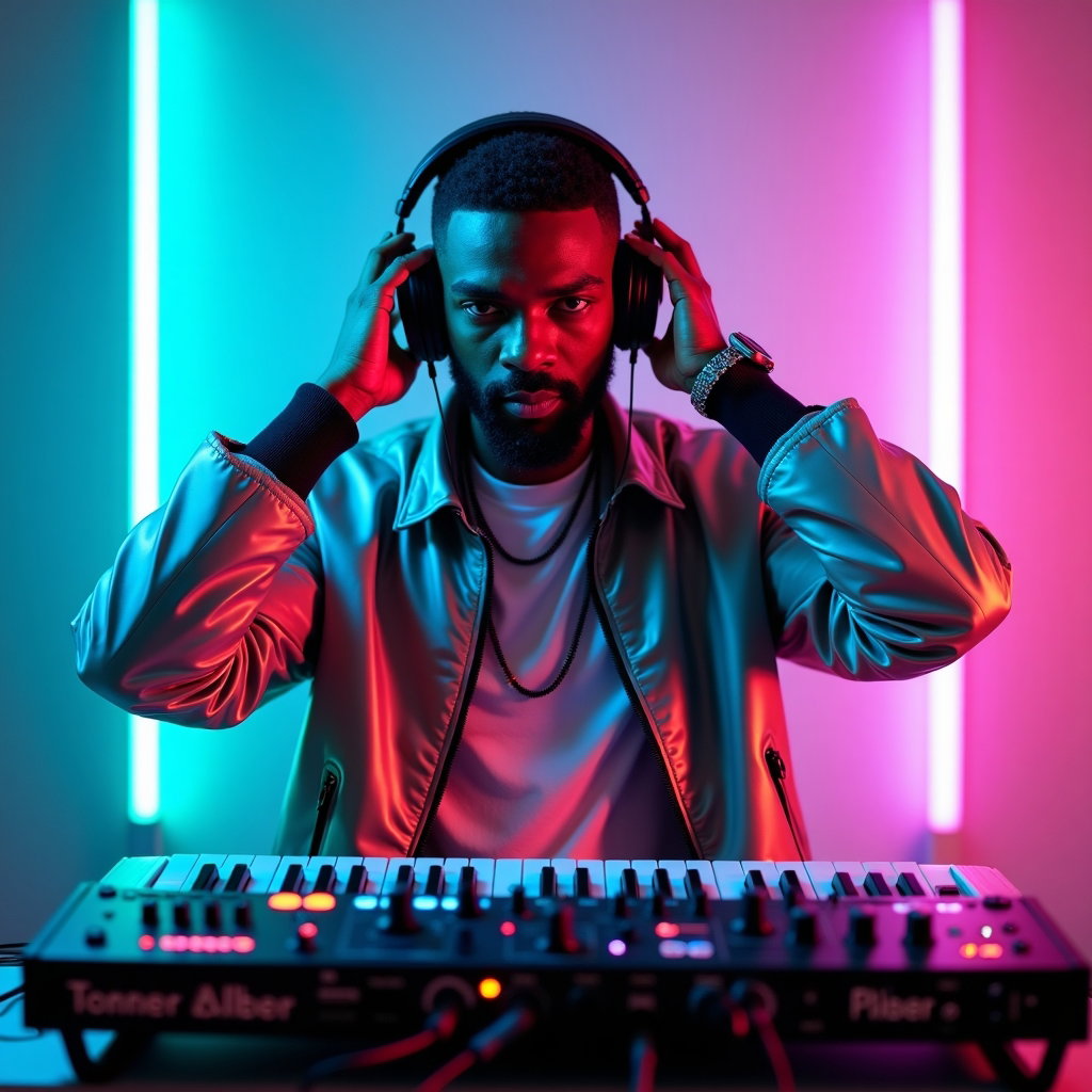 Neon Electropop Album Cover Portraits example: Photorealistic neon electropop album cover portrait. Half-body portrait at a sleek synthesizer station, with one hand ad