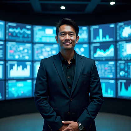 Professional headshot in a digital operations center, positioned several feet before a curved multi-screen dashboard wall where abstract data visualizations glow as a soft, cool wash, rendered out of focus to avoid distraction. The subject stands centered and squared to camera in a structured suit jacket with minimal, tasteful accessories, hands loosely clasped at waist level for poise. Add a warm, broad key from camera-left to counter the blue spill from the displays, a barely-there fill from below to clean shadows, and a tight, low-power rim behind to delineate the shoulders without flaring. Expression is calm and in command with direct eye contact and a subtle, professional smile suited to leadership roles. The overall look is high-end corporate portraiture with controlled contrast, refined color, and crisp micro-details appropriate for LinkedIn, resumes, and team pages.