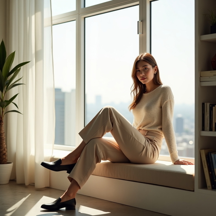 Photorealistic lifestyle photograph of a sunlit penthouse reading nook with floor-to-ceiling glass and sheer drapes diffusing bright daylight, subject perched on a cushioned window ledge with one knee raised and forearms resting forward in a relaxed, confident lean, stylish minimalist outfit (lightweight knit top, tailored trousers, sleek loafers) and delicate accessories, clean modern shelves with art books and a small ceramic planter in the background, face fully visible and centered with a soft, inviting expression, polished concrete floor catching subtle highlights and a shallow depth-of-field isolating the subject from the airy city view.