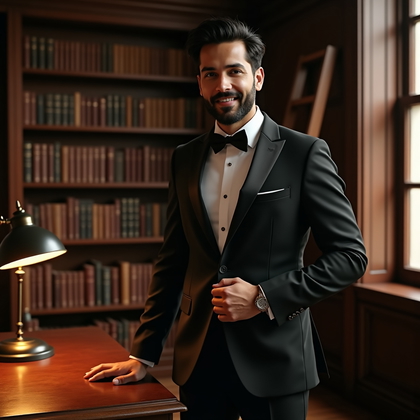 AI-generated photo: Photorealistic wedding portrait photograph inside a vintage library lined with floor-to-ceiling shel...