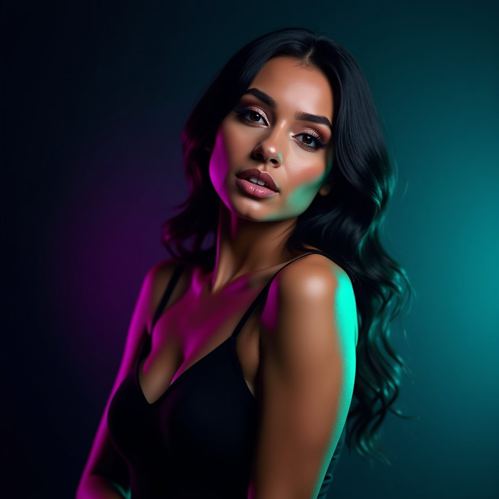 AI-generated photo: Photorealistic studio half-body portrait of a person leaning slightly forward toward the camera in a...
