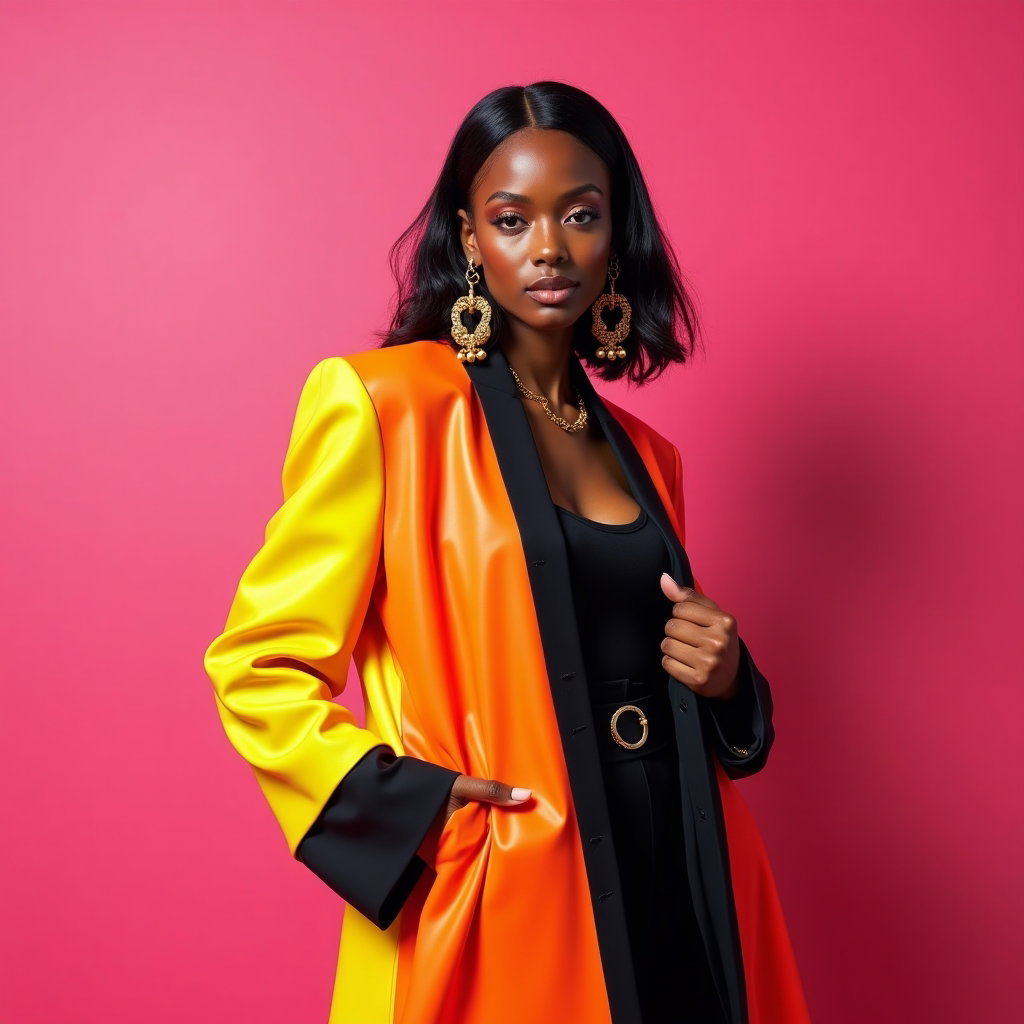 Bold Pride Fashion Editorial Portraits example: Photorealistic fashion editorial portrait. Half-body pose against a seamless hot-pink studio wall, shoulders angled, one