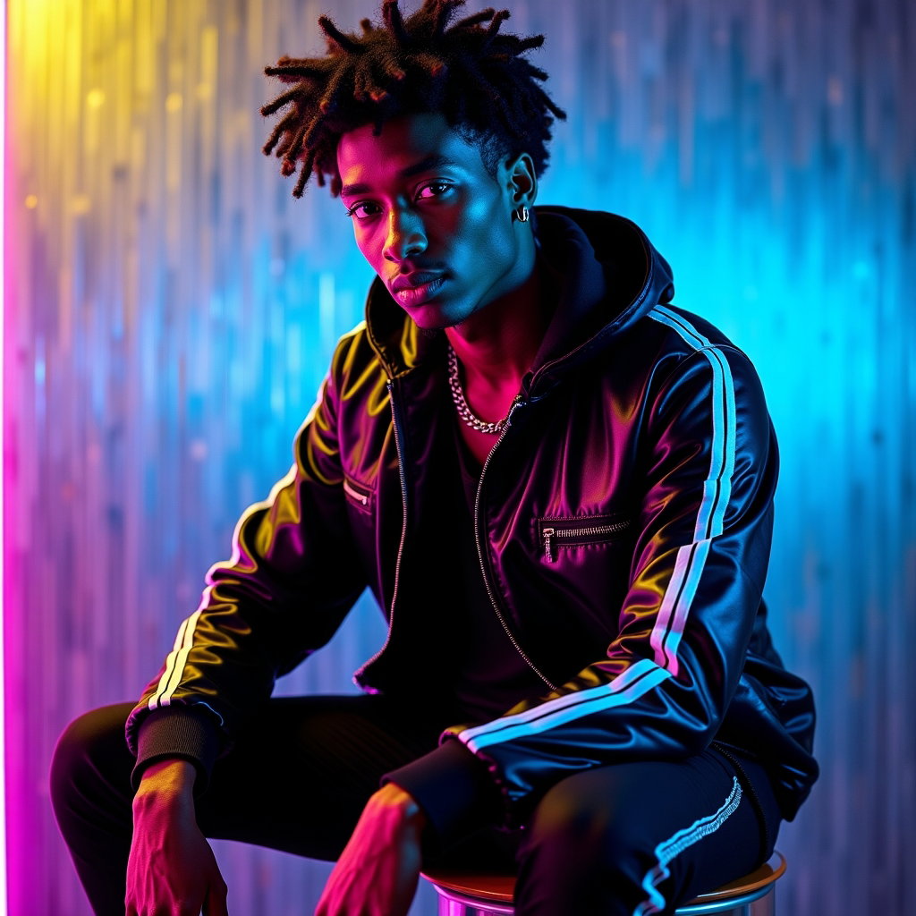 AI-generated photo: Photorealistic neon editorial portrait photo featuring a steel circuit-board trace gobo split-gelled...