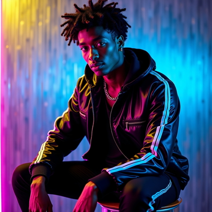 AI-generated photo: Photorealistic neon editorial portrait photo featuring a steel circuit-board trace gobo split-gelled...