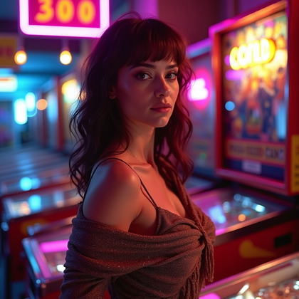 AI-generated photo: Photorealistic 1980s glam portrait photograph in a retro arcade, the subject standing close to a gli...