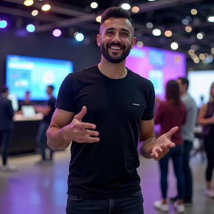 AI-generated photo: LinkedIn photo capturing a decisive moment of excitement and innovation at a tech expo booth. The se...