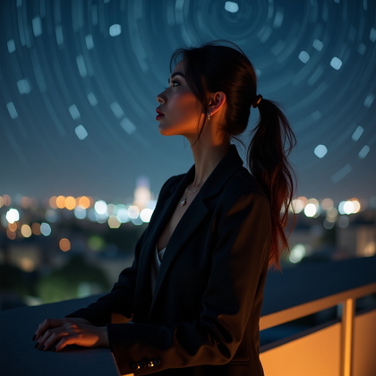 AI-generated photo: Photorealistic nighttime portrait photography, a three-quarter profile shot on a rooftop terrace wit...