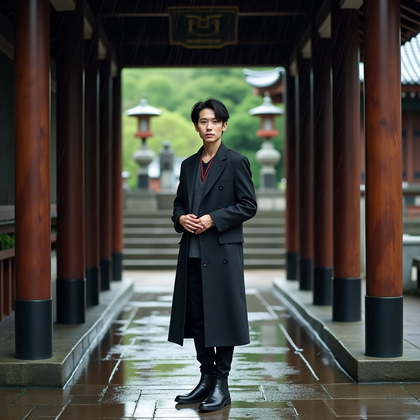 AI-generated photo: Photorealistic fashion portrait photography. A rain-kissed shrine portrait with the subject standing...