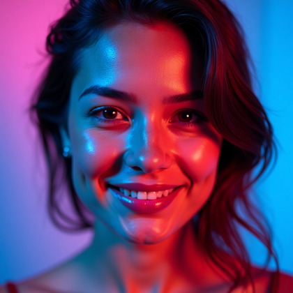 AI-generated photo: Photorealistic studio portrait. Close-up studio portrait with bold magenta and cyan gels crossing ov...