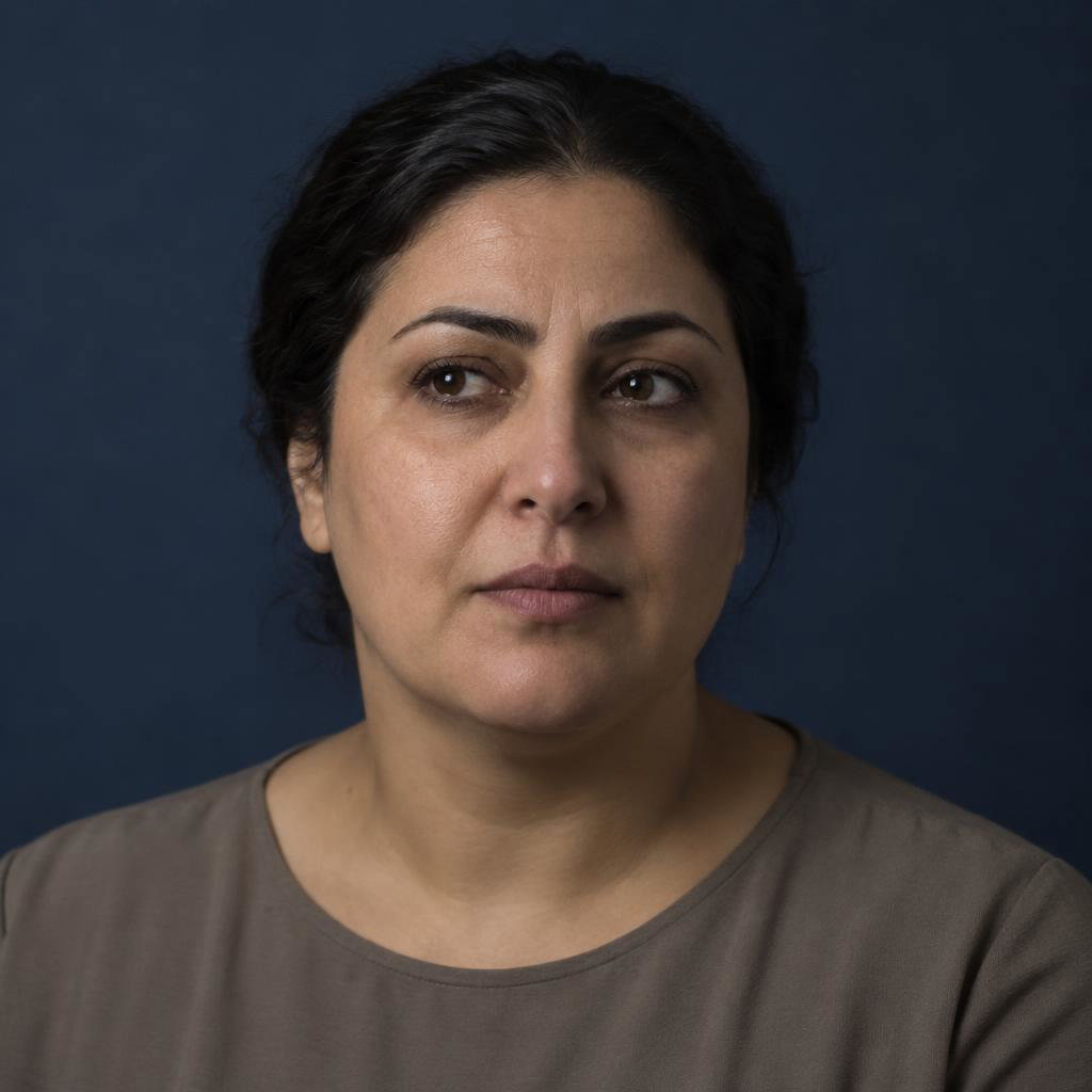 Intimate Dramatic Monologue: Close shoulder-up portrait against an unadorned ink-blue wall.
