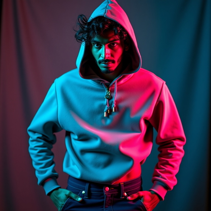 AI-generated photo: Photorealistic studio portrait photograph of a person in a dynamic three-quarter crop, standing with...