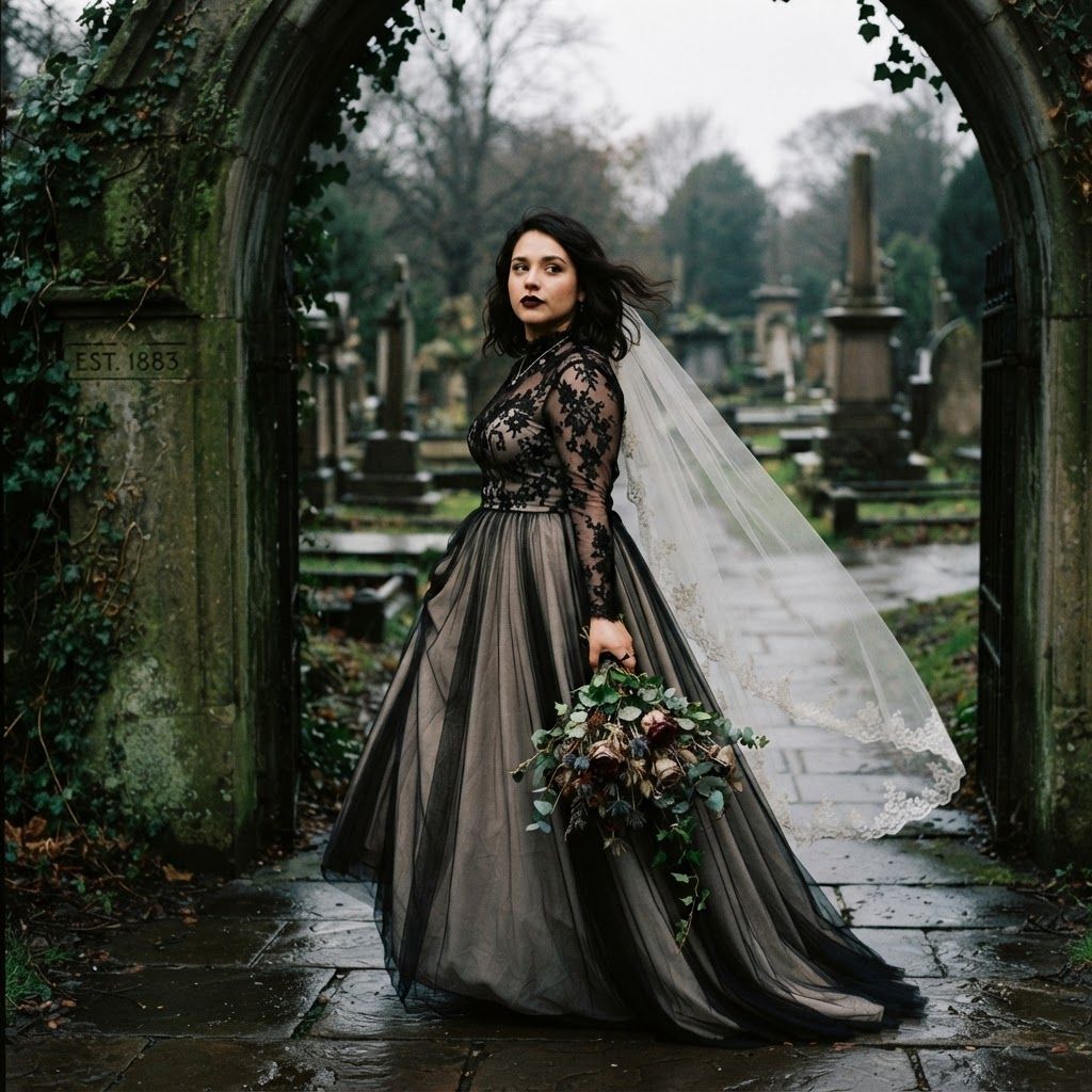 Gothic Bride Beneath a Cemetery Arch: Candid-feeling portrait of a gothic bride stepping through a mossy cemetery arch and glancing back.