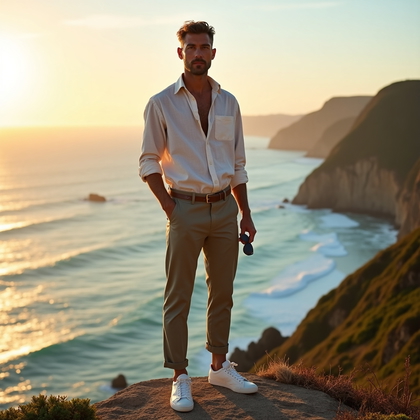 AI-generated photo: Photorealistic travel lifestyle photography: golden-hour environmental portrait at a cliffside looko...