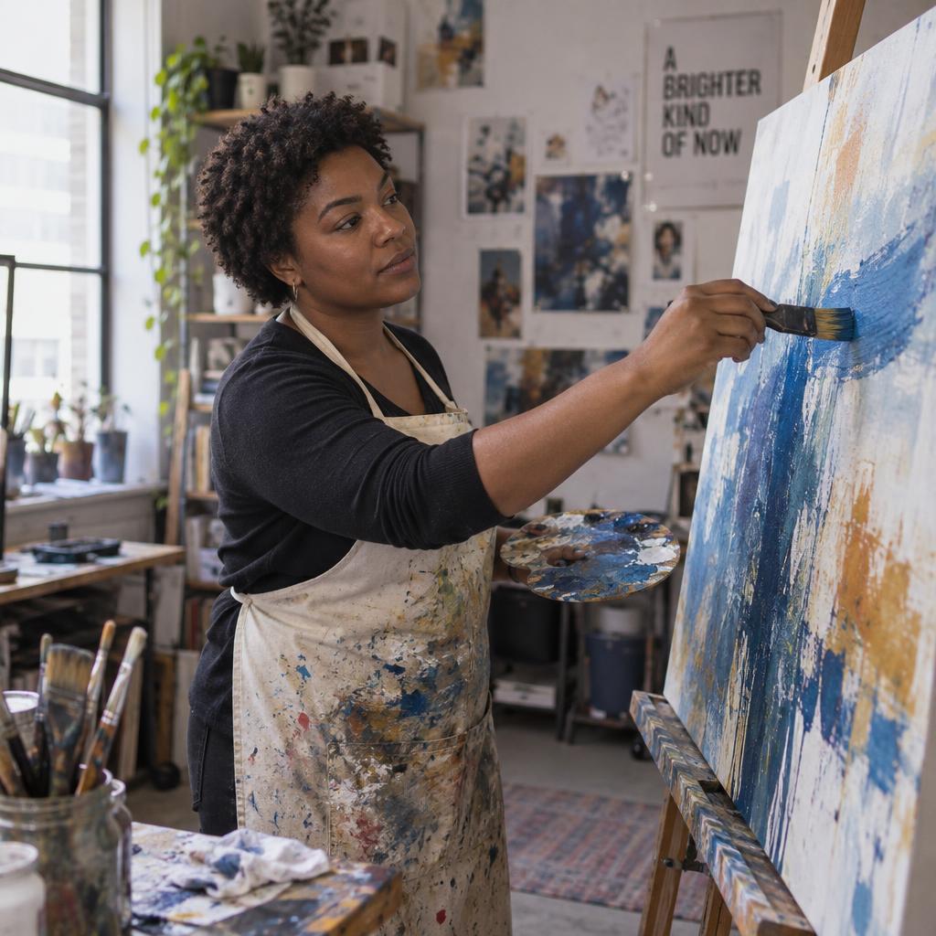 Creative Practice In A Working Studio: Candid waist-up photo in a working studio: one person in a paint-streaked apron pulls a broad blue stroke across an unfinished abstract…