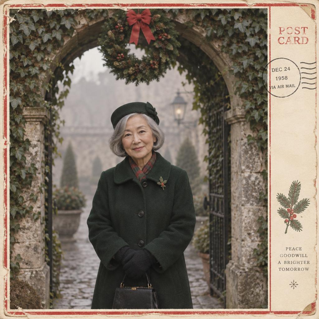 Vintage Postcard-Style Portrait: A single person stands beneath an ivy-covered stone arch dressed with a modest Christmas wreath, facing the camera with a gentle smile.