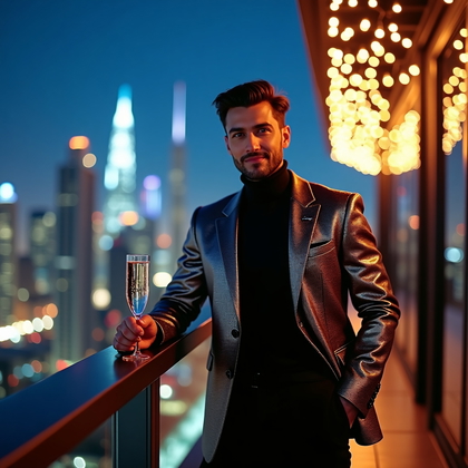 AI-generated photo: Photorealistic lifestyle fashion photo: New Year’s Eve rooftop party look in a sequin blazer with ta...