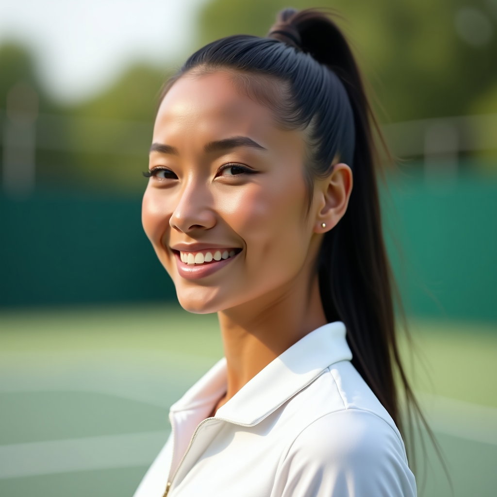 Minimal Clean Girl Tenniscore Portraits example: Photorealistic profile/avatar portrait photography with a tight square crop, showing the subject from the shoulders up a