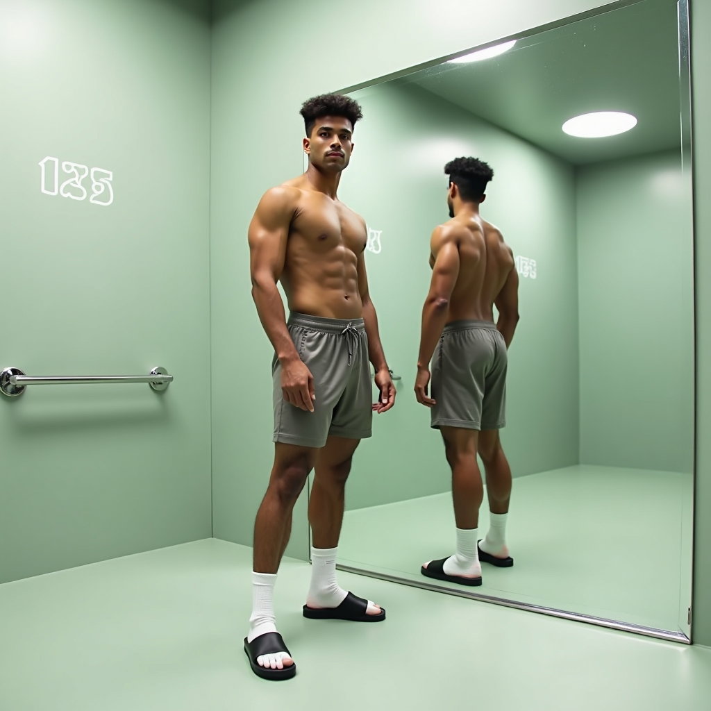 AI-generated photo: Photorealistic high-fashion locker-room photography on a pale sage cyclorama subtly detailed with pa...