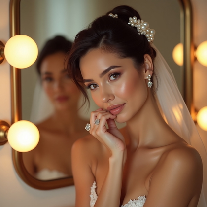 AI-generated photo: Photorealistic wedding beauty image at the vanity, face visible in both primary view and a soft-focu...