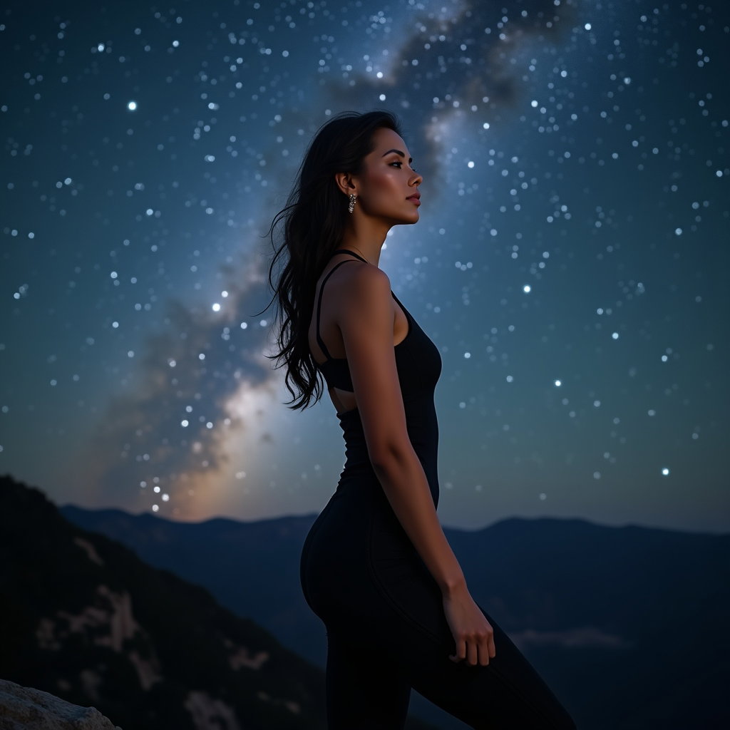 AI-generated photo: Photorealistic astro portrait photograph, waist-up composition with the subject standing atop a rock...