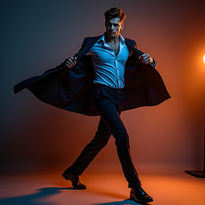 AI-generated photo: Photorealistic studio portrait photograph of a person in a standing three-quarter pose, captured mid...