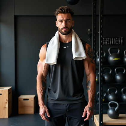 Photorealistic fitness photography: boutique gym with matte-black racks, a plywood plyo box, and rubber flooring; subject stands tall beside a kettlebell rack with a soft cotton towel draped around the neck, shoulders relaxed and chin slightly lifted for an assured, approachable look. Directional overhead strips create dramatic highlights along contours while soft frontal fill ensures the face is bright and engaging. Athletic wear in deep neutrals and minimal branding keeps attention on posture and expression, with a faint haze of chalk for atmosphere without distraction. Framed from the waist up so the face remains the clear focal point, reinforced by converging lines from the equipment.