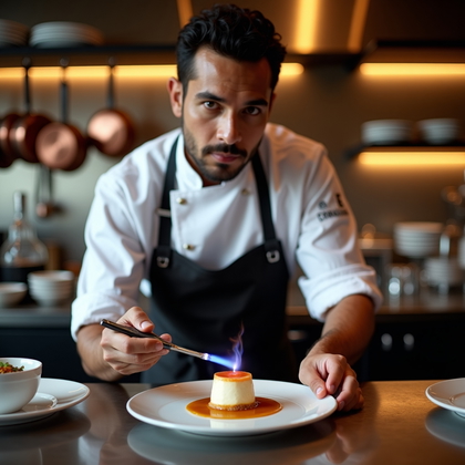 AI-generated photo: Photorealistic lifestyle photography of a culinary artist plating a signature dessert at the pass in...