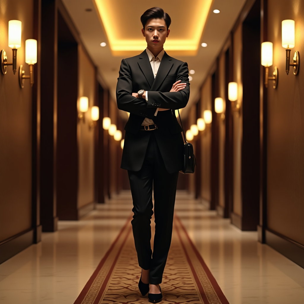 AI-generated photo: Photorealistic luxury hotel corridor fashion photograph, full-body fit check with a commanding stanc...