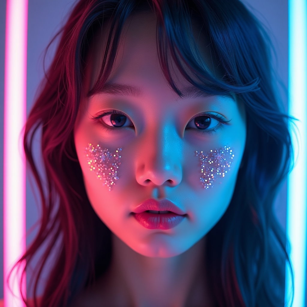 Pastel Idol by Day, Hunter by Night Portrait example: Cinematic fantasy character photo. Unexpected vertical purikura photo booth sheet showing four stacked portraits of the