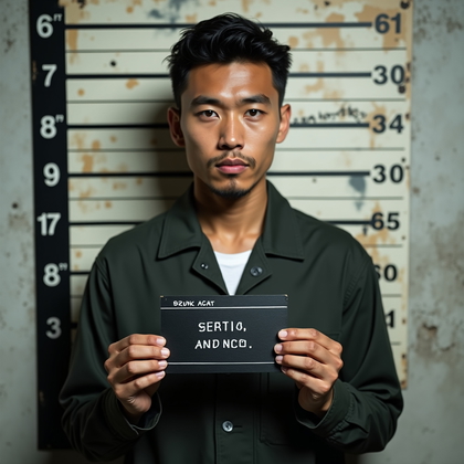 AI-generated photo: Photorealistic prison mugshot-inspired fashion portrait, straight-on angle with the subject standing...